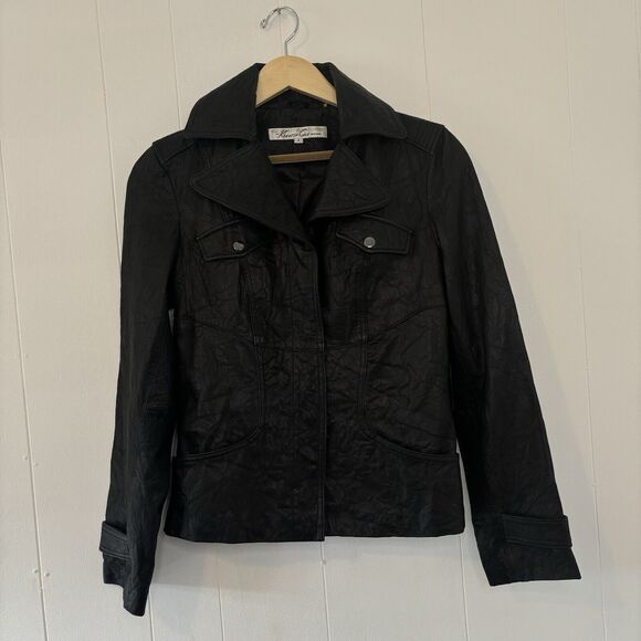 Kenneth Cole Genuine Leather Jacket Women's Small Black Button Biker Classic 90s - Picture 3 of 12